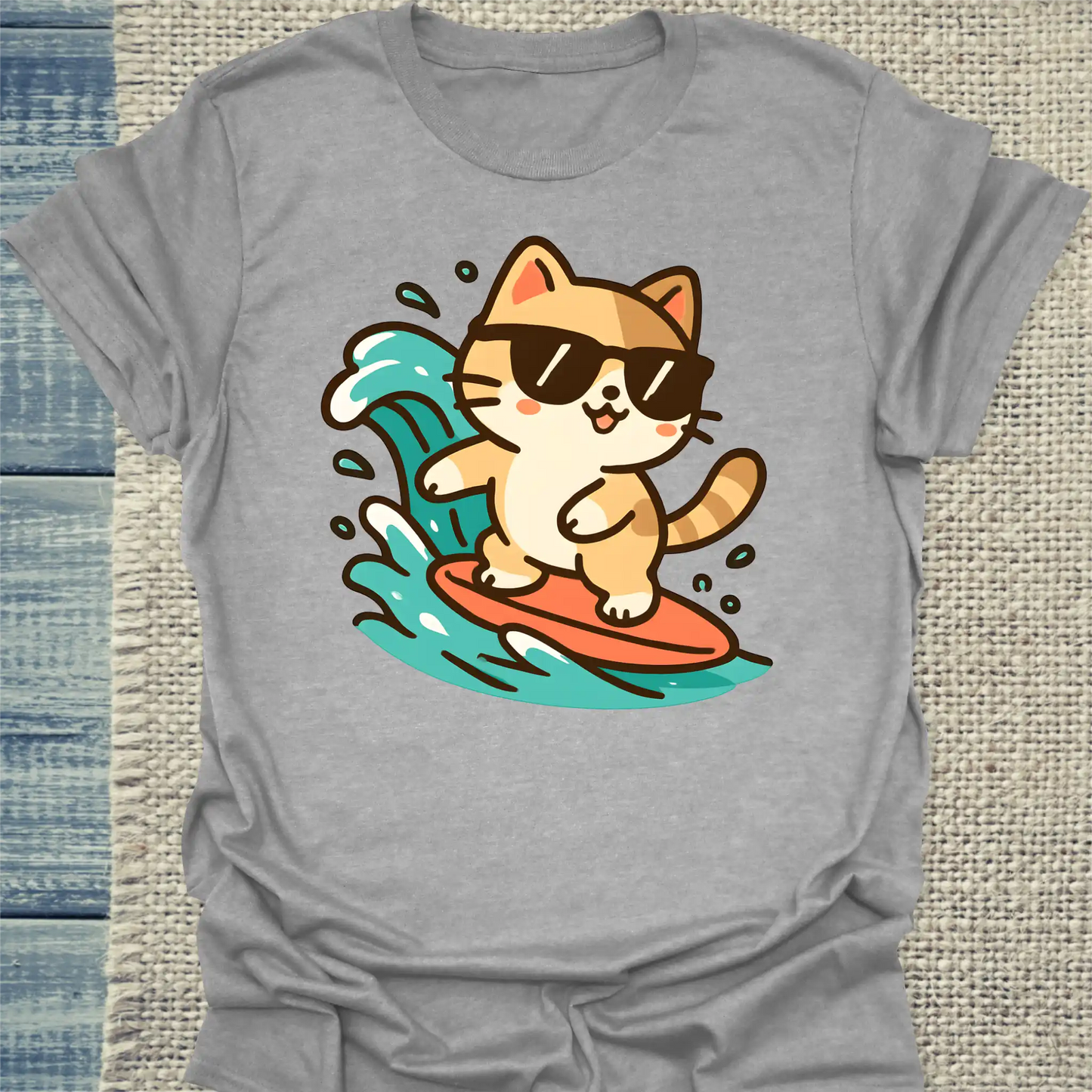 T-Shirt - Sommer, Katze, Surfen - Unisex - Katze Grau