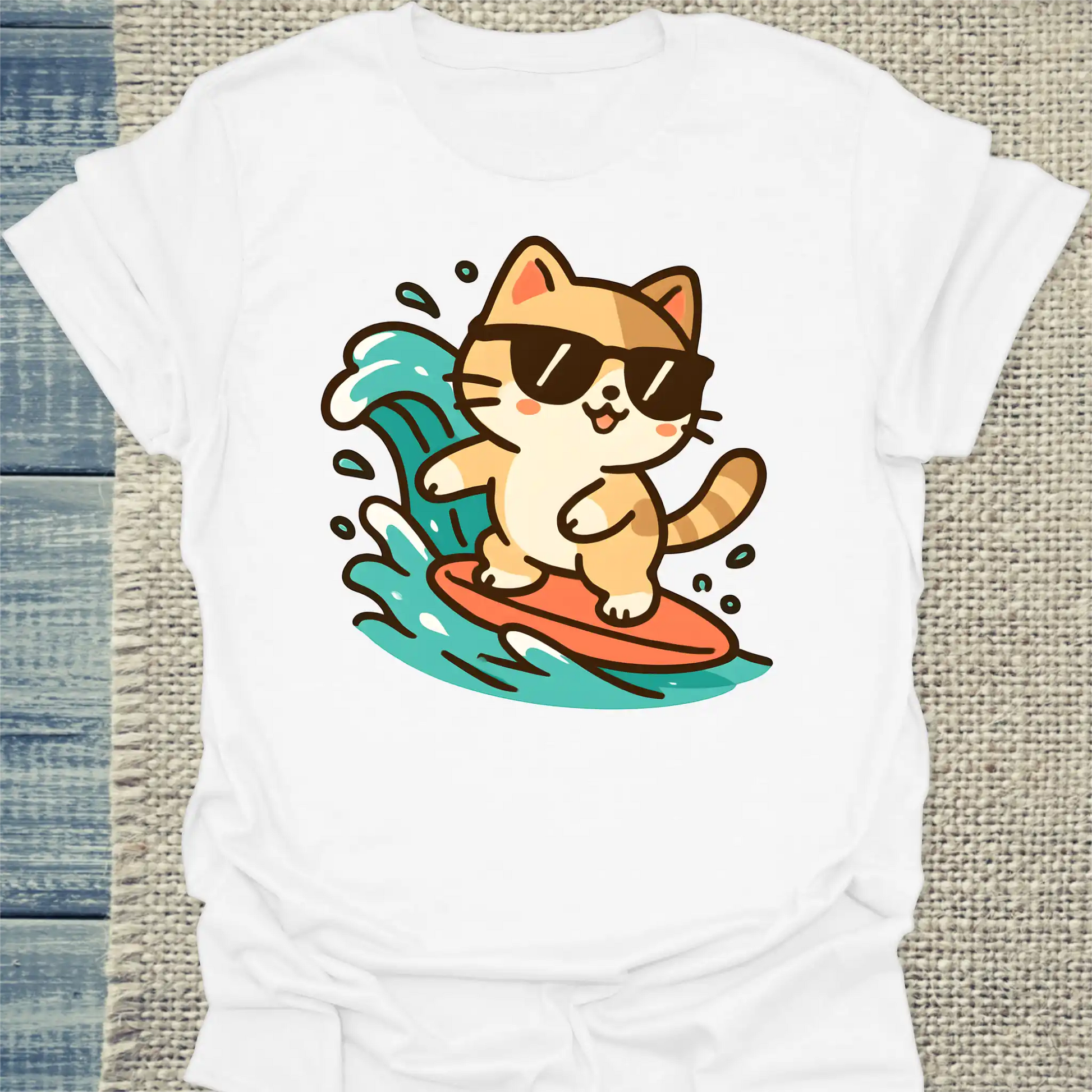 T-Shirt - Sommer, Katze, Surfen - Unisex - Katze Weiß