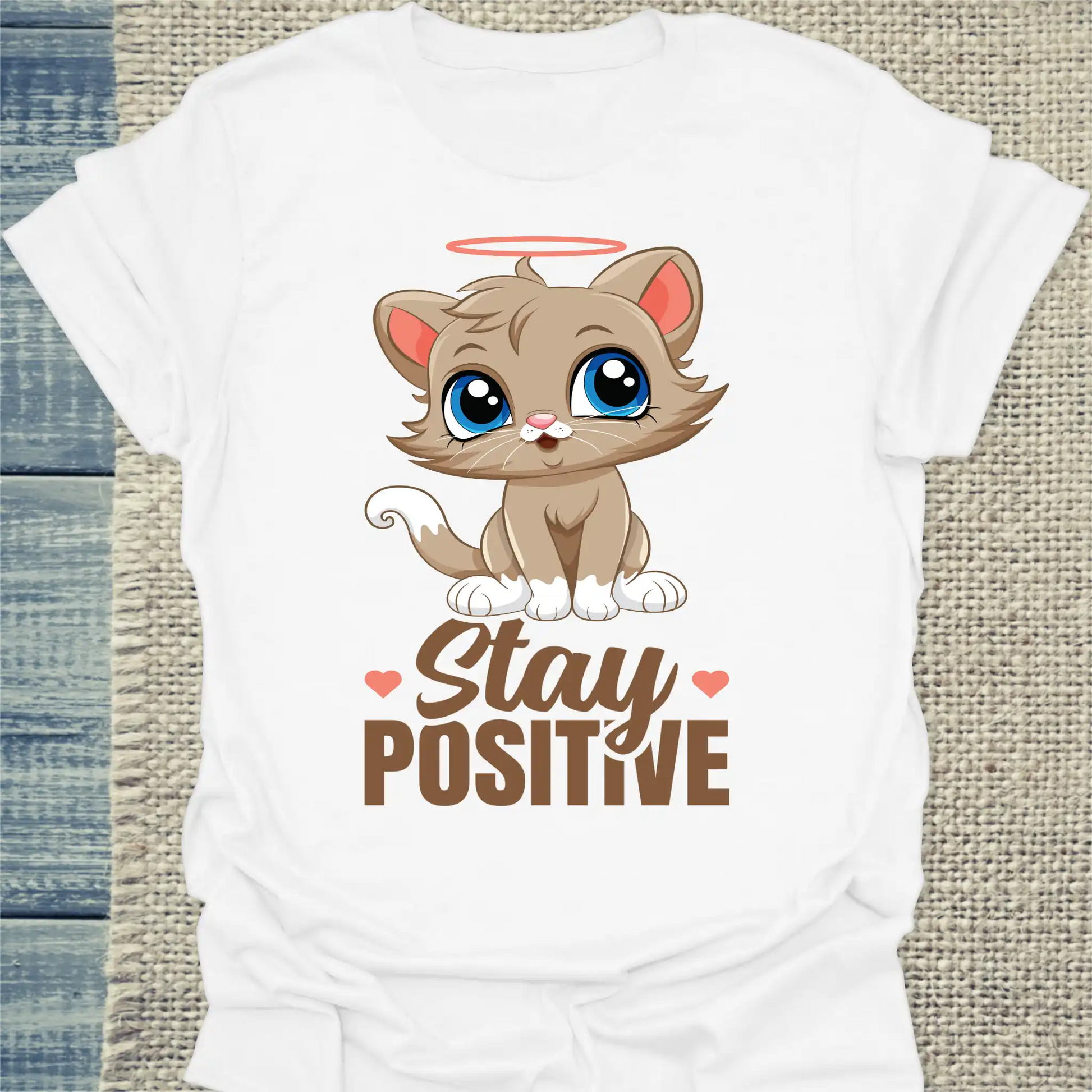 T-Shirt - Stay Positive - Unisex - Katze Weiß