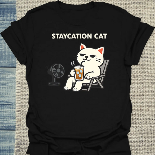 T-Shirt - STAYCATION CAT - Unisex - Katze & Kaffee, Sommer Schwarz