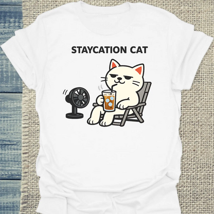 T-Shirt - STAYCATION CAT - Unisex - Katze & Kaffee, Sommer Weiß