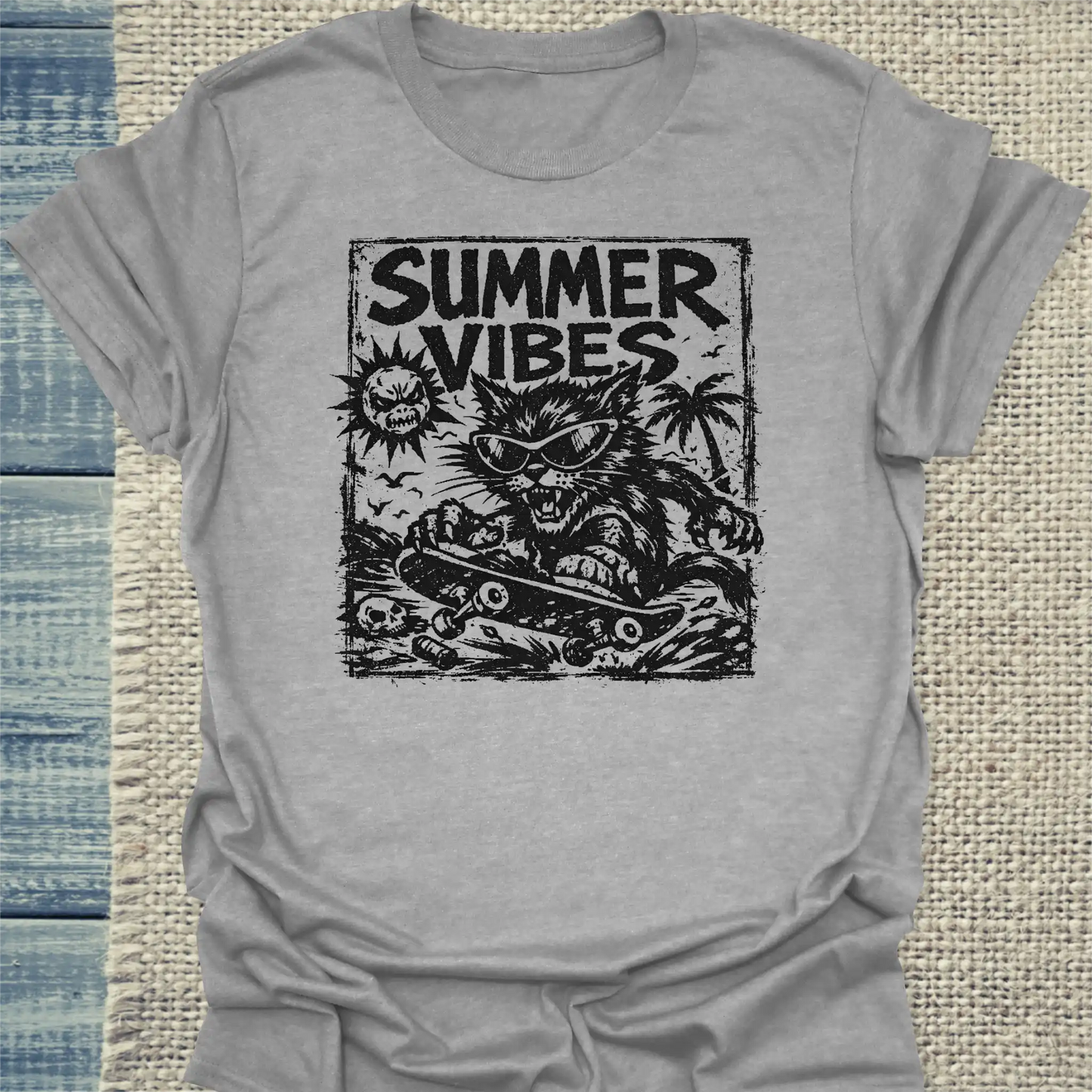 T-Shirt - Summer Vibes - Unisex - Katze, Sommer, Cat Guy Grau