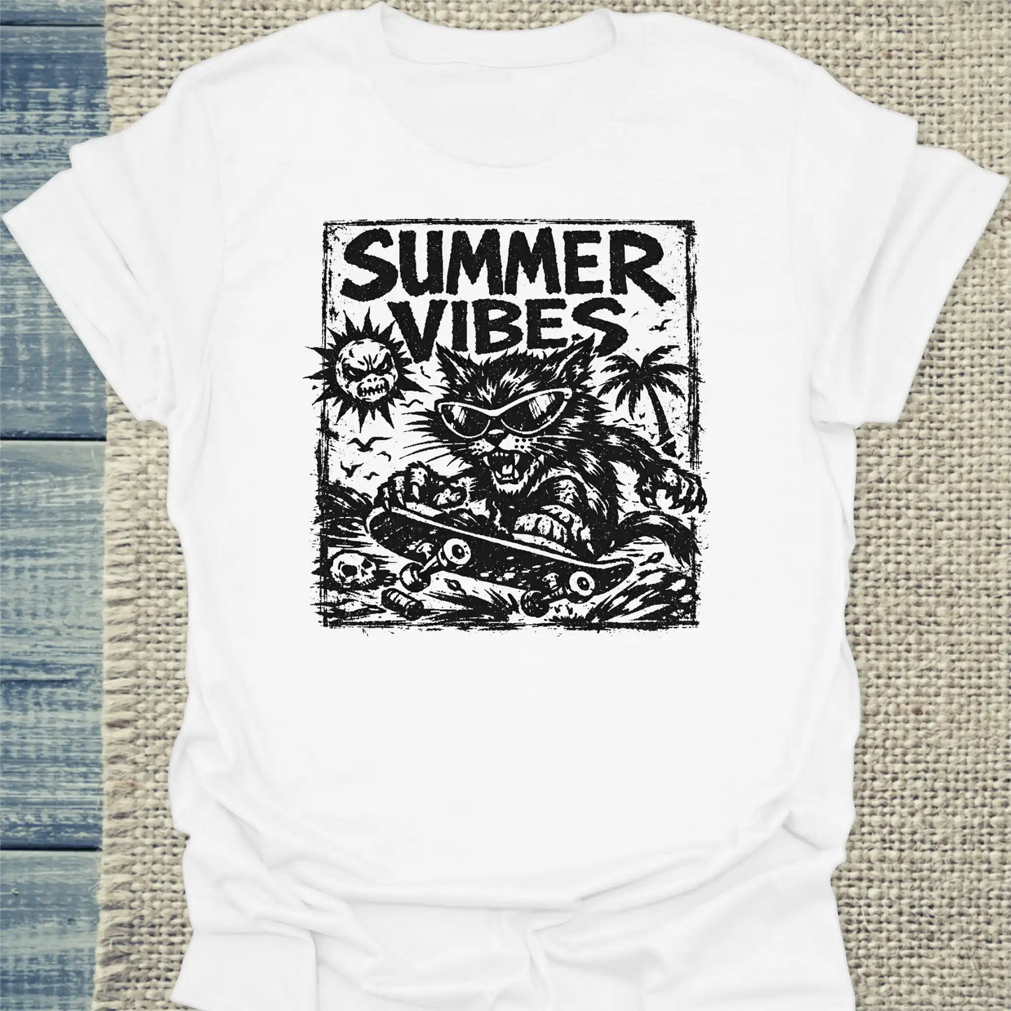 T-Shirt - Summer Vibes - Unisex - Katze, Sommer, Cat Guy Weiß
