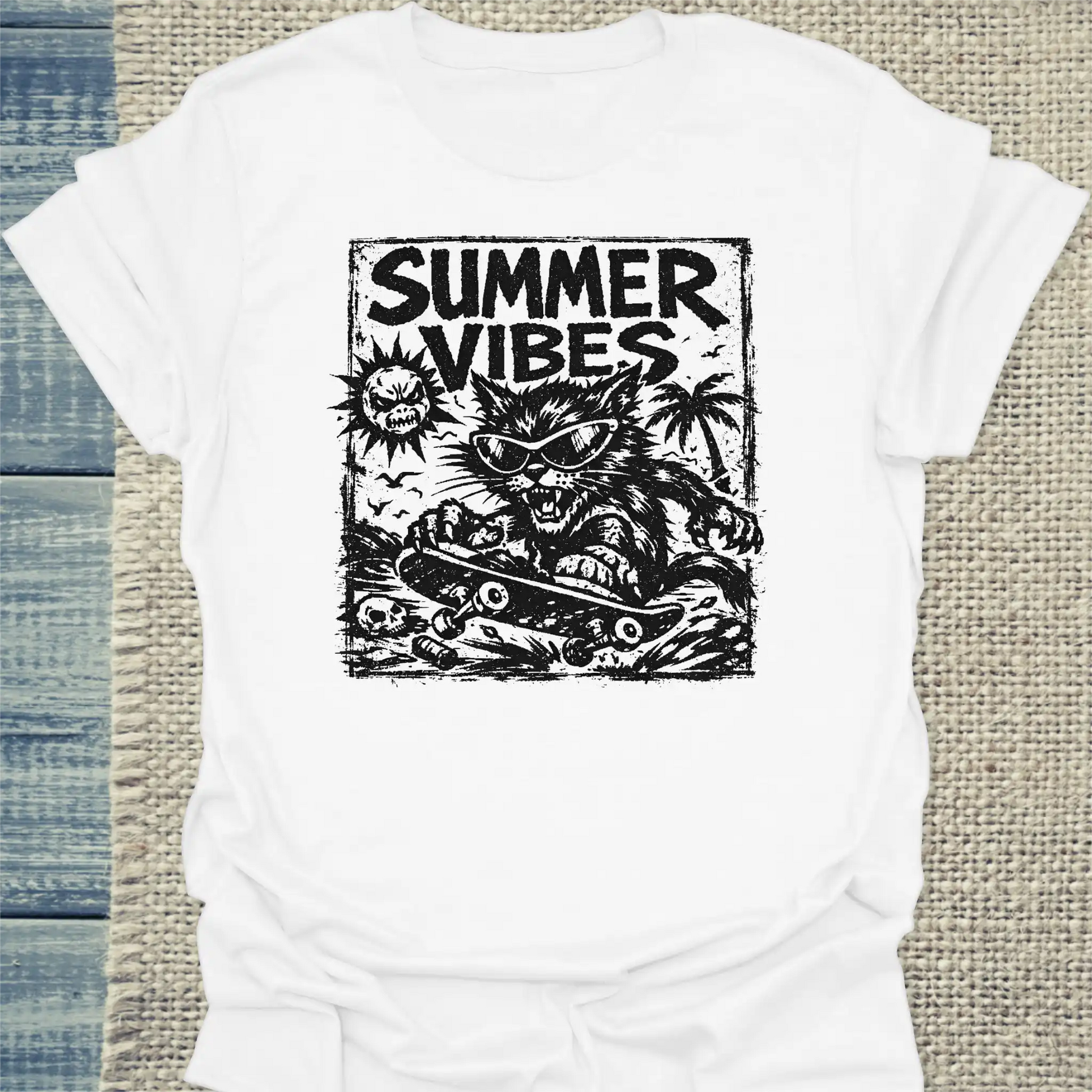 T-Shirt - Summer Vibes - Unisex - Katze, Sommer, Cat Guy Weiß