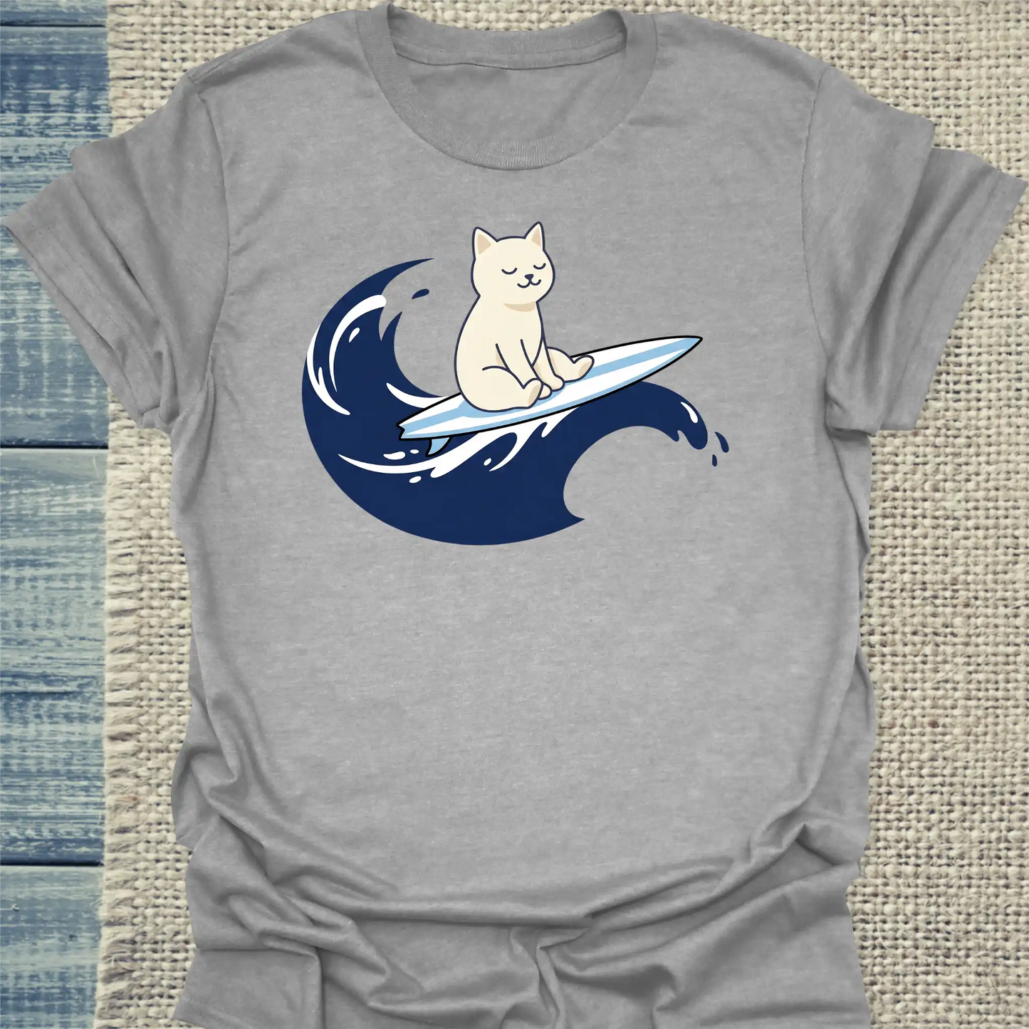 T-Shirt - Surfing Cat - Unisex - Katze Grau