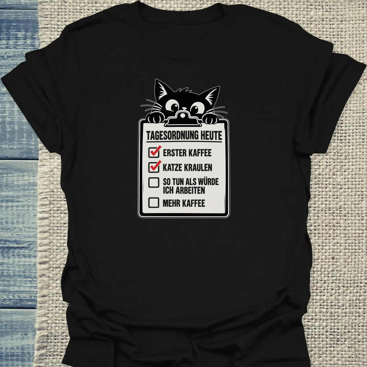 T-Shirt - Tagesordnung heute - Unisex - Katze & Kaffee Schwarz