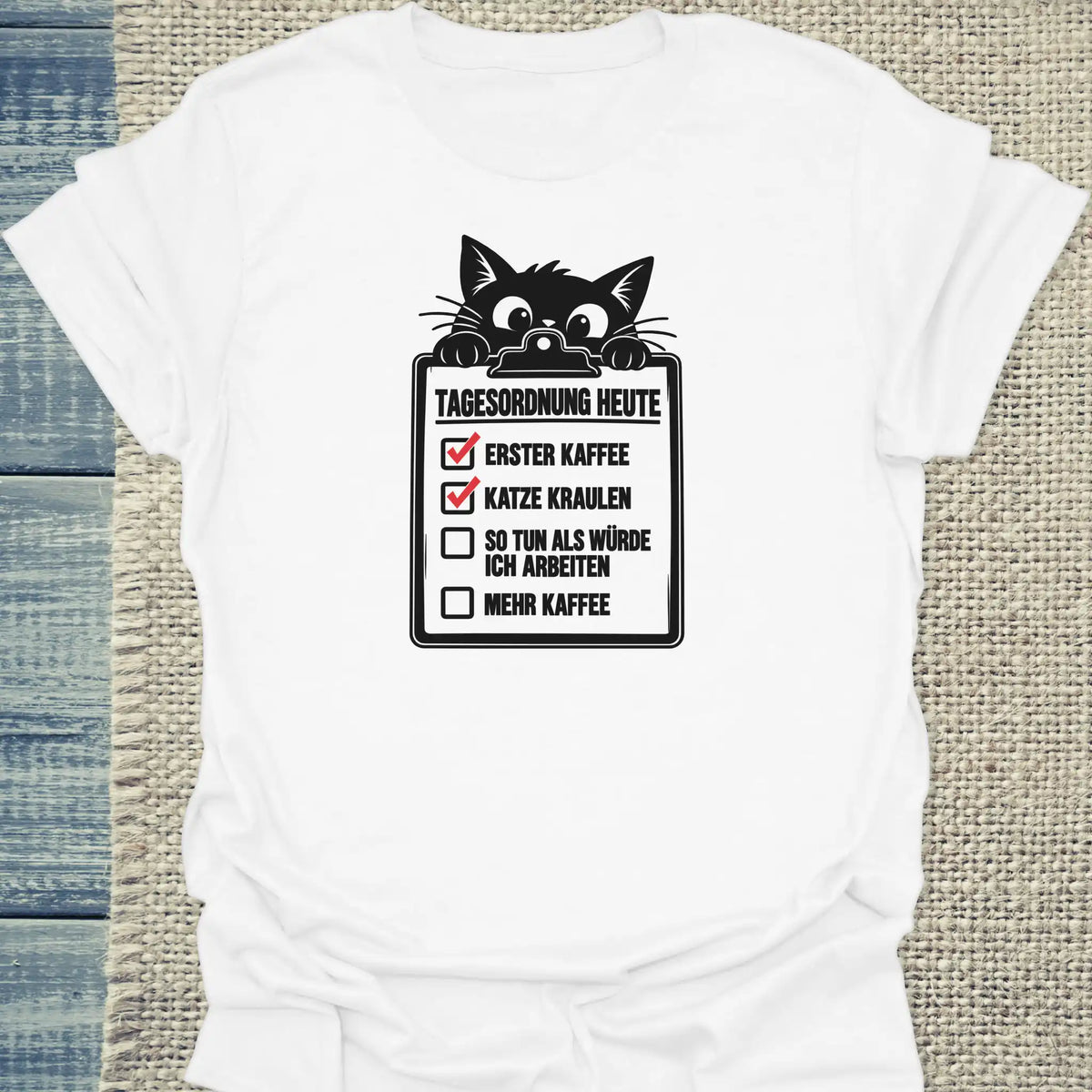 T-Shirt - Tagesordnung heute - Unisex - Katze & Kaffee Weiß
