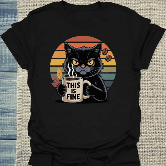 T-Shirt - This is Fine - Unisex - Katze & Kaffee Schwarz
