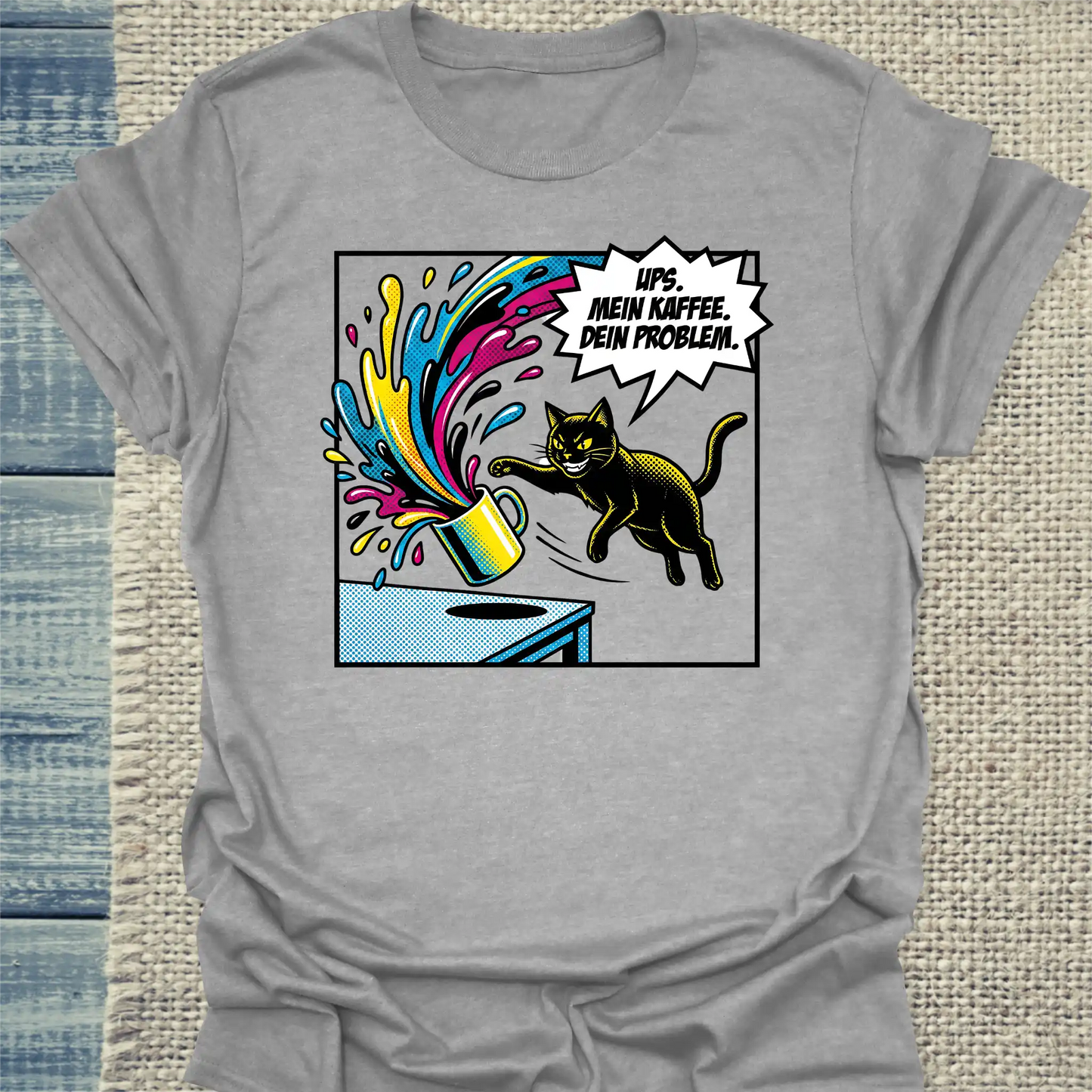 T-Shirt - Ups - Unisex - Katze & Kaffee Grau