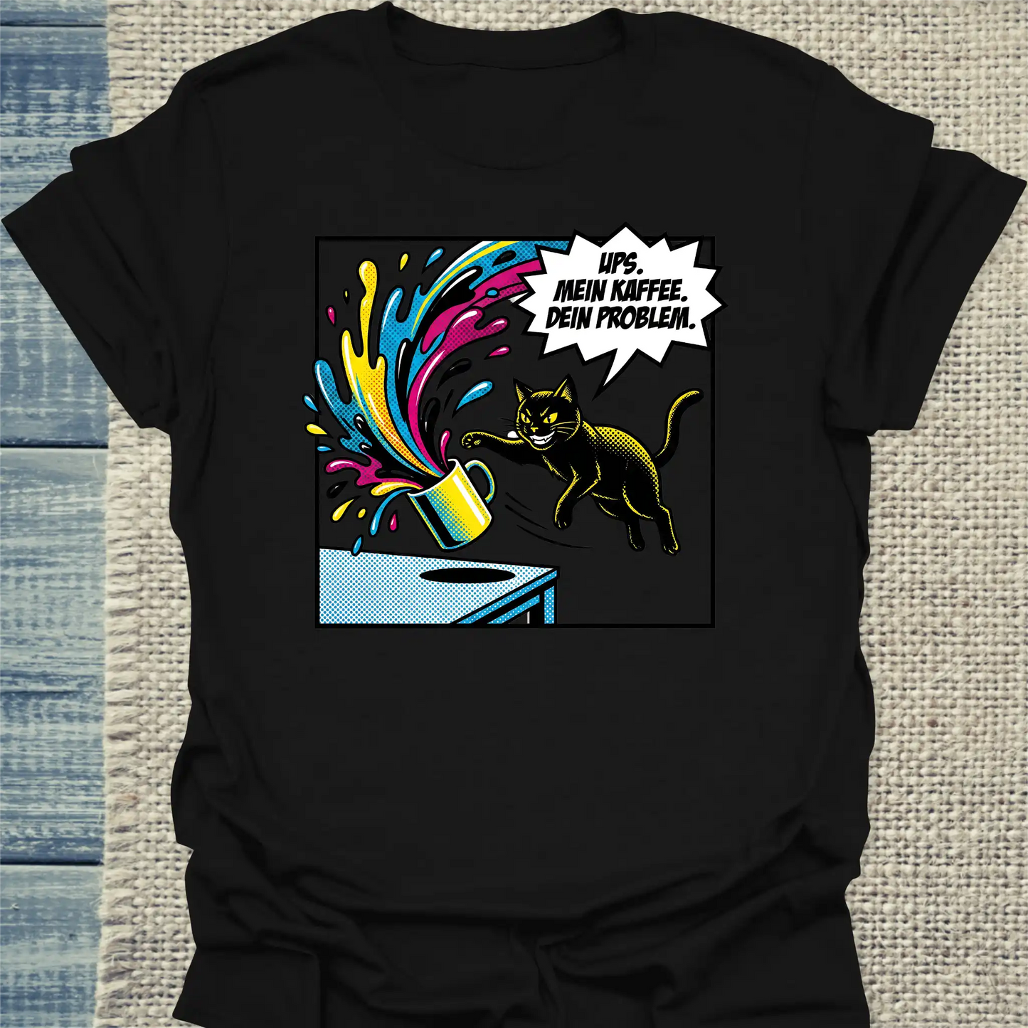 T-Shirt - Ups - Unisex - Katze & Kaffee Schwarz