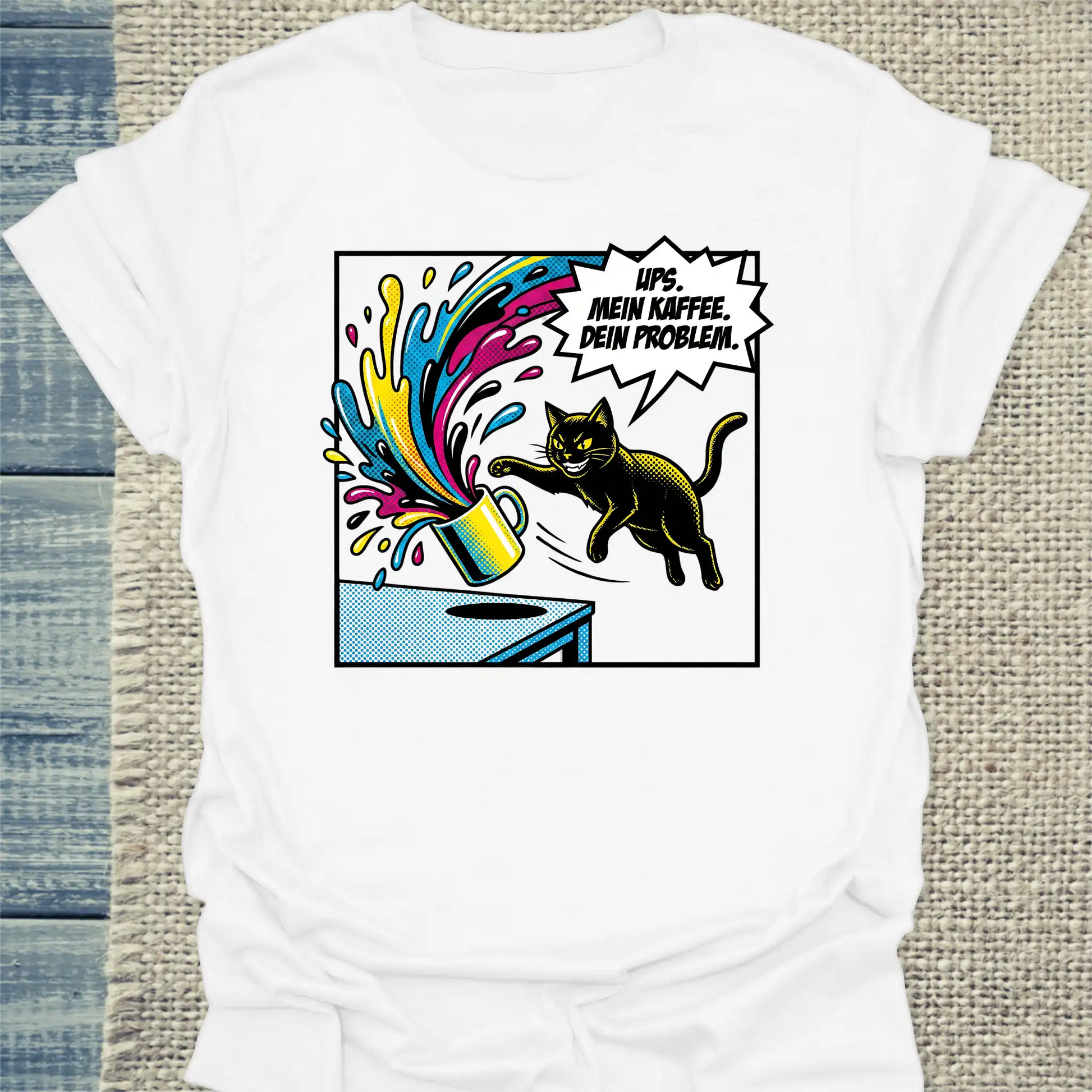 T-Shirt - Ups - Unisex - Katze & Kaffee Weiß