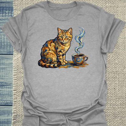 T-Shirt - Van Gogh Cat - Unisex - Katze & Kaffee, Kunst Grau