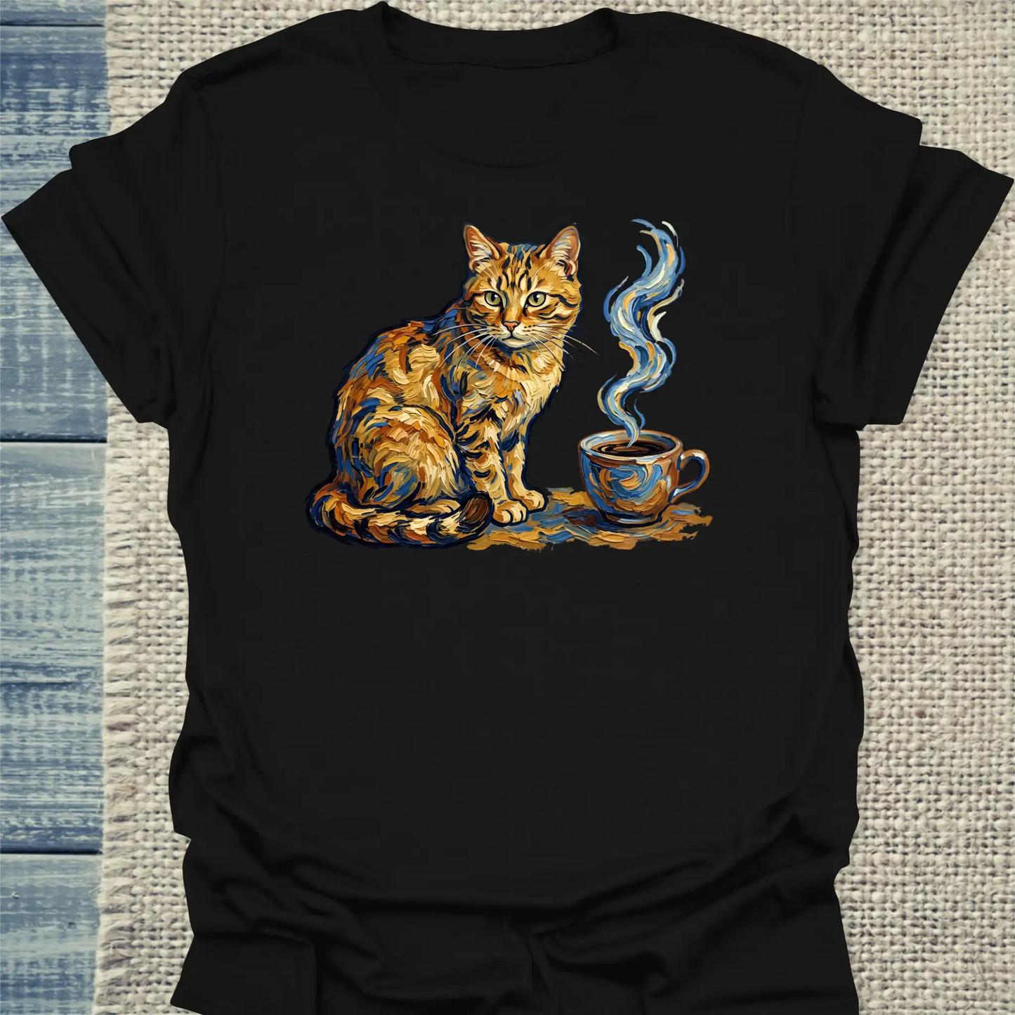 T-Shirt - Van Gogh Cat - Unisex - Katze & Kaffee, Kunst Schwarz