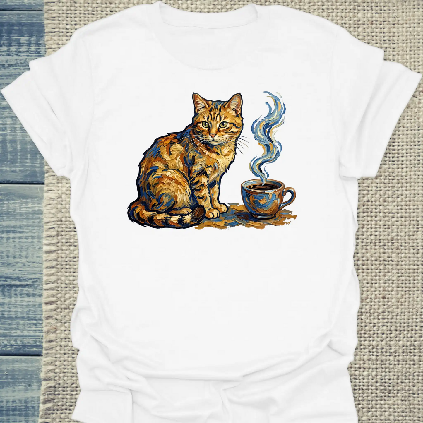T-Shirt - Van Gogh Cat - Unisex - Katze & Kaffee, Kunst Weiß