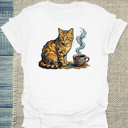 T-Shirt - Van Gogh Cat - Unisex - Katze & Kaffee, Kunst Weiß