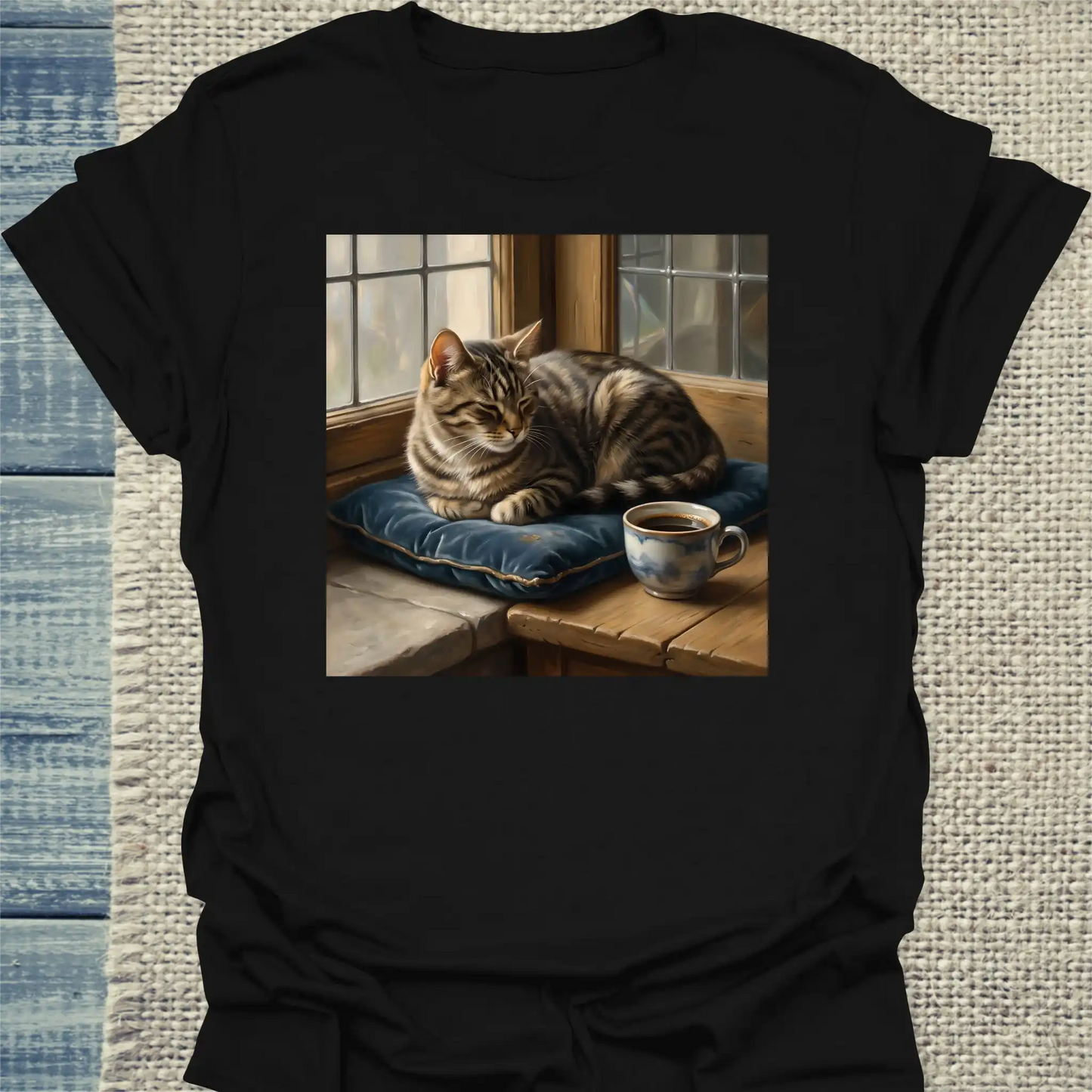 T-Shirt - Vermeer Cat - Unisex - Katze & Kaffee, Kunst Schwarz