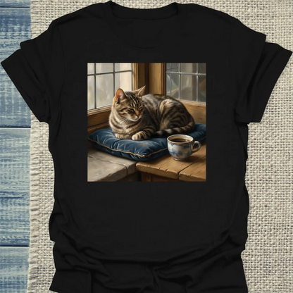 T-Shirt - Vermeer Cat - Unisex - Katze & Kaffee, Kunst Schwarz
