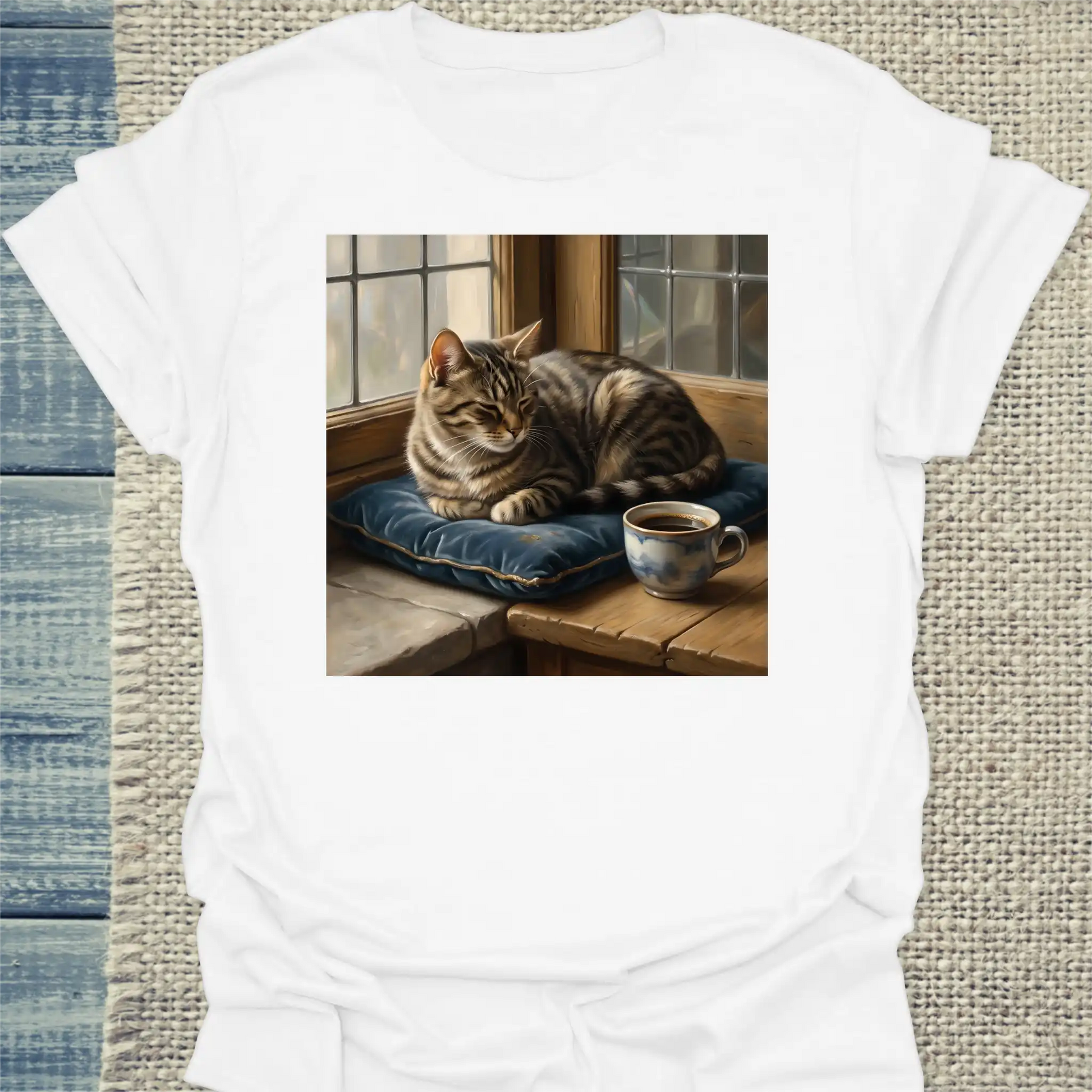 T-Shirt - Vermeer Cat - Unisex - Katze & Kaffee, Kunst Weiß