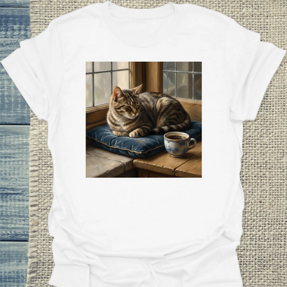 T-Shirt - Vermeer Cat - Unisex - Katze & Kaffee, Kunst Weiß