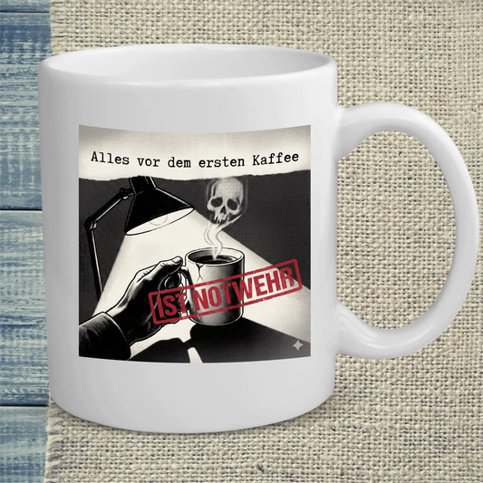 Tasse 325ml - Alles vor dem ersten Kaffee ist Notwehr - Katze, Kaffee