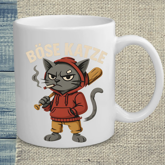 Tasse 325ml - Böse Katze mit Baseballschläger - Katze