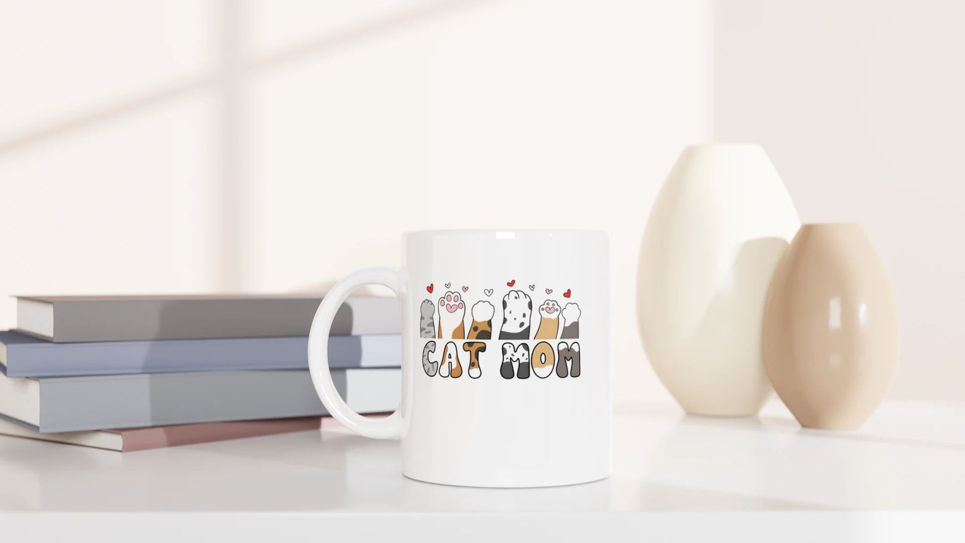 Tasse 325ml - Cat Mom - Herzchen und Pfoten - Katze, Cat Lady