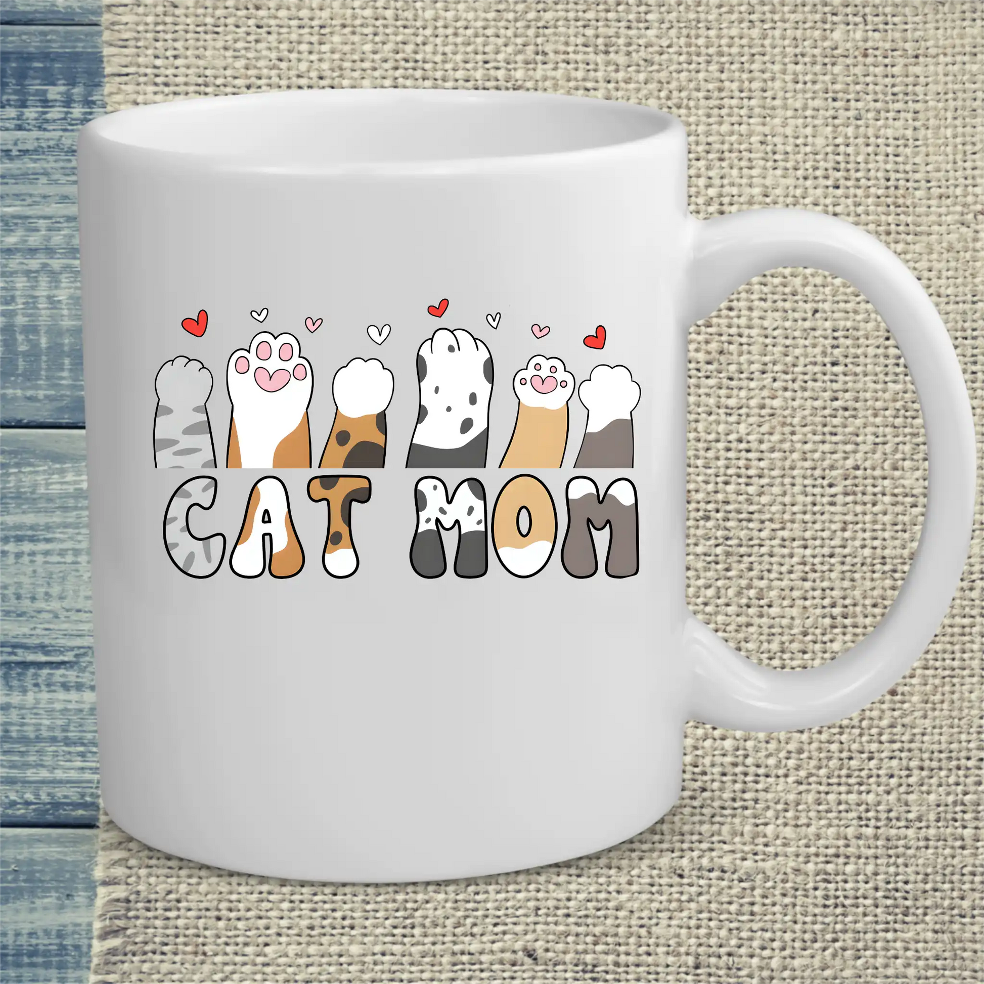 Tasse 325ml - Cat Mom - Herzchen und Pfoten - Katze, Cat Lady