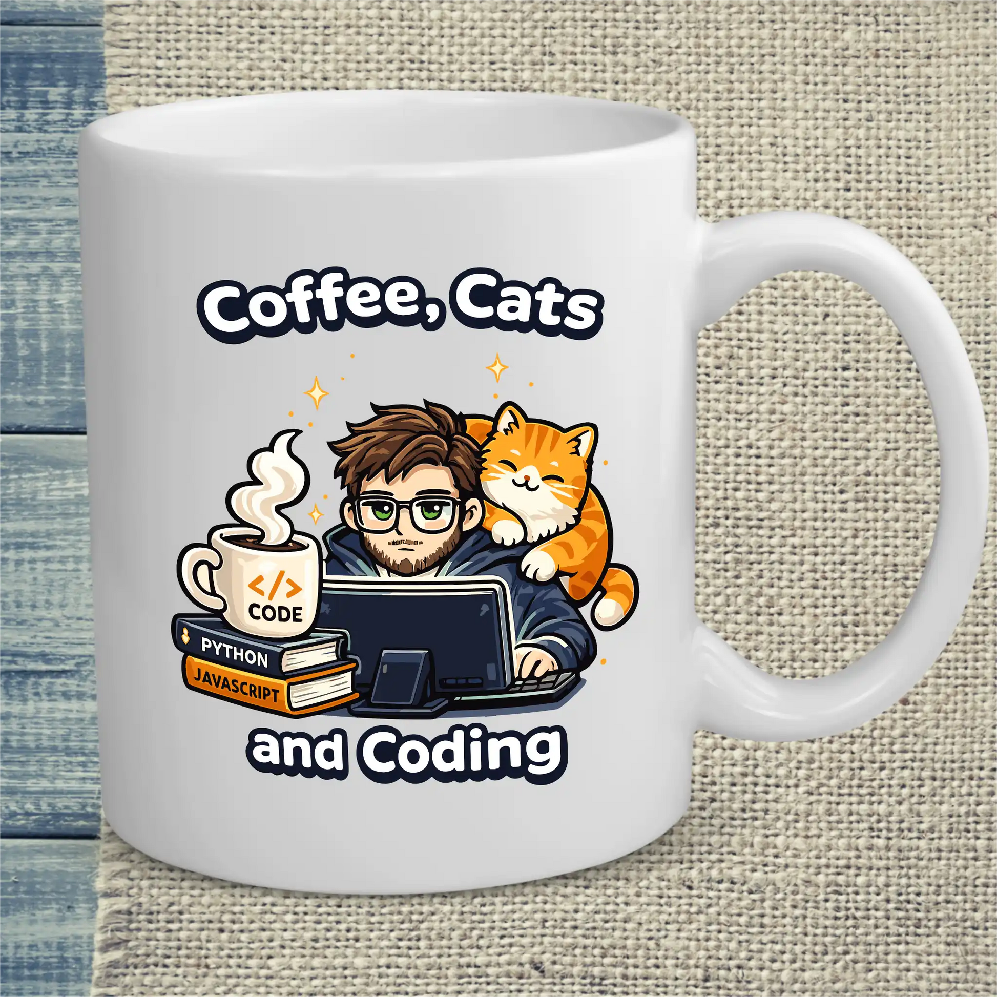 Tasse 325ml - Coffee, Cats and Coding - Katze & Kaffee, Cat Guy