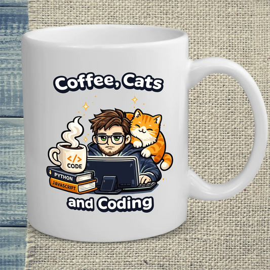 Tasse 325ml - Coffee, Cats and Coding - Katze & Kaffee, Cat Guy