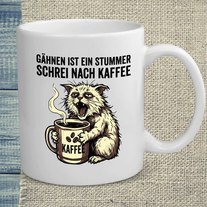 Tasse 325ml - Gähnen ist ein stummer Schrei nach Kaffeee - Katze
