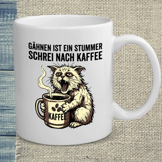 Tasse 325ml - Gähnen ist ein stummer Schrei nach Kaffeee - Katze
