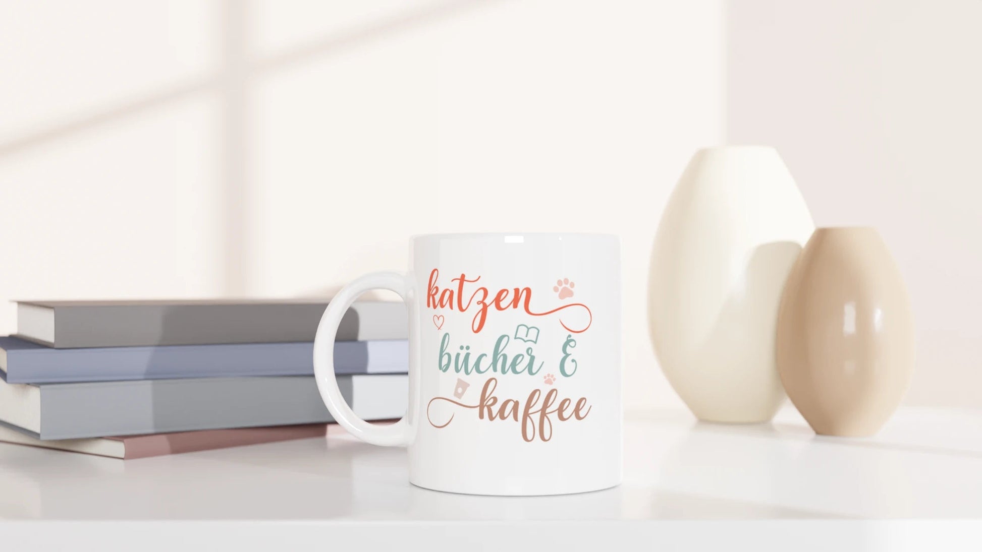 Tasse 325ml - Katzen, Bücher & Kaffee - Katze, Kaffee