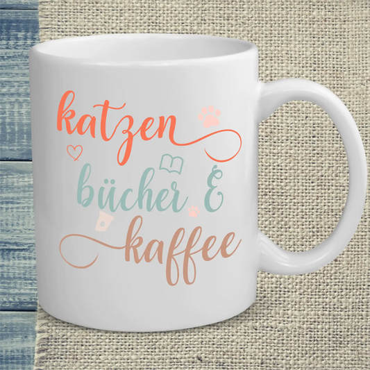 Tasse 325ml - Katzen, Bücher & Kaffee - Katze, Kaffee