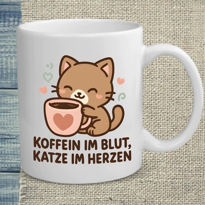 Tasse 325ml - Koffein im Blut, Katze im Herzen - Katze & Kaffee