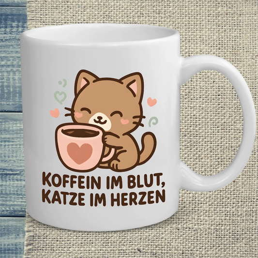 Tasse 325ml - Koffein im Blut, Katze im Herzen - Katze & Kaffee