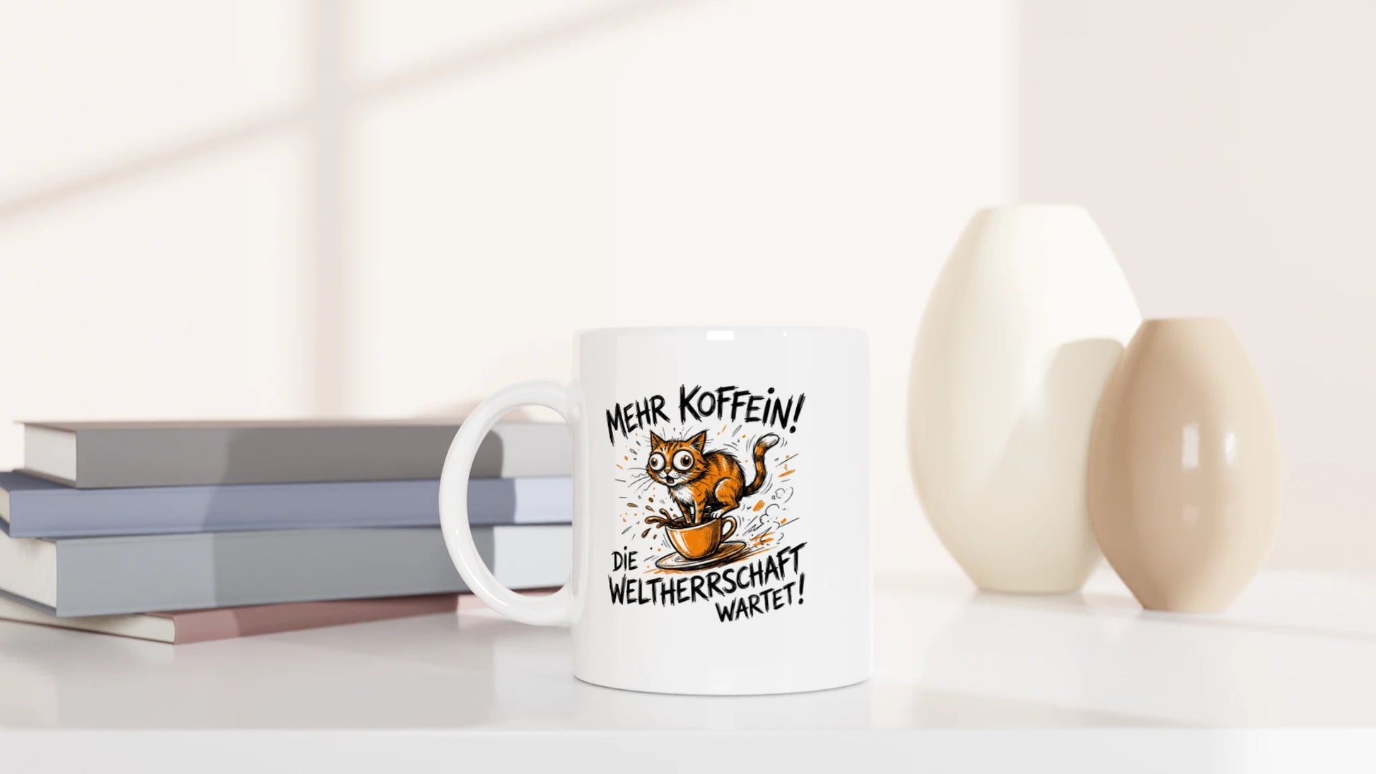 Tasse 325ml - Mehr Koffein - Weltherrschaft wartet - Katze & Kaffee