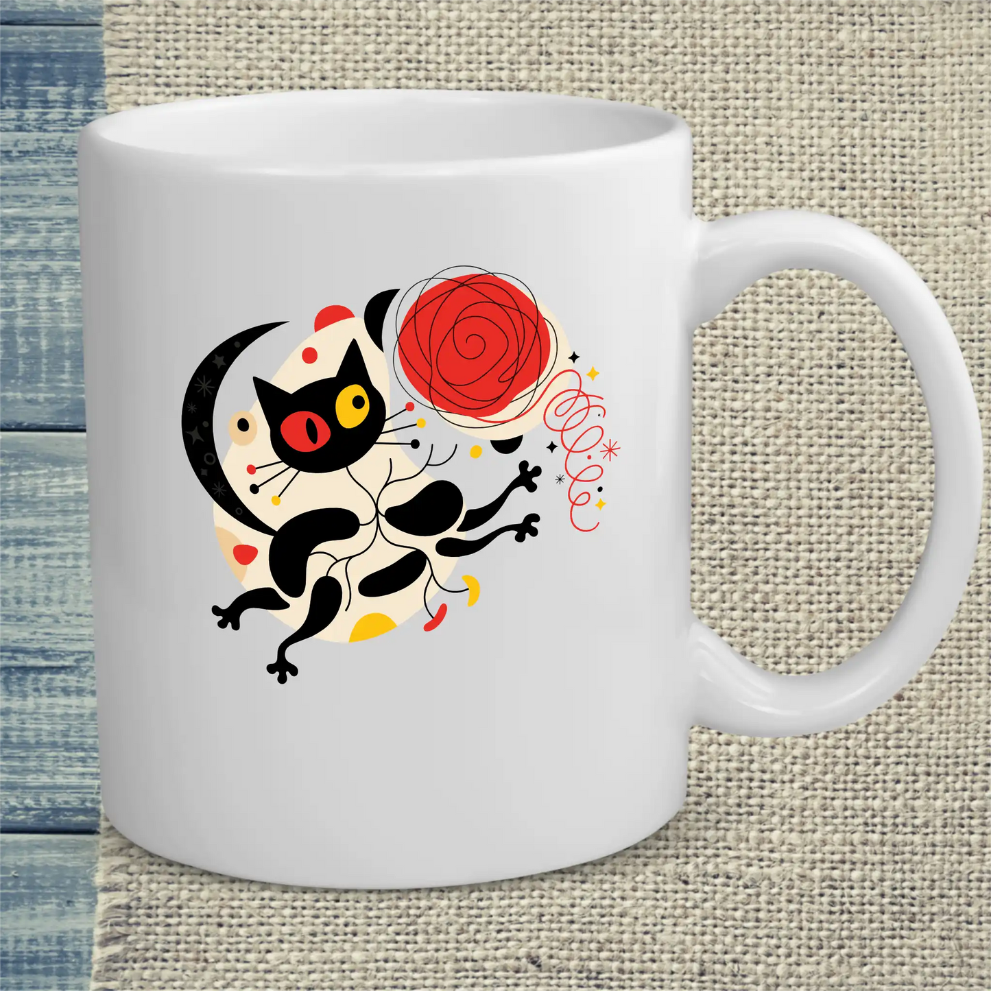 Tasse 325ml - Miro Chasing Yarn - Katze & Kaffee, Kunst