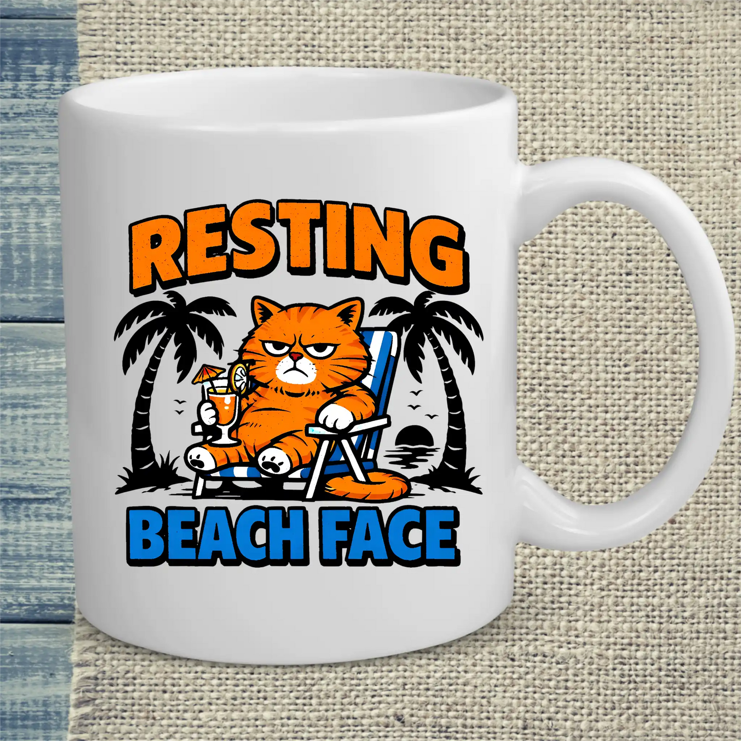 Tasse 325ml - Resting Beach Face - Katze, Sommer
