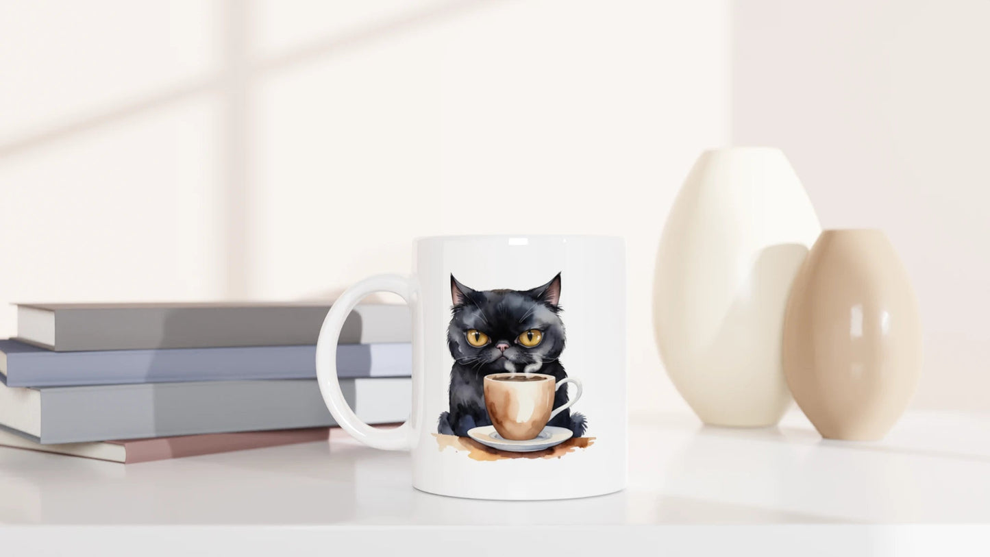 Tasse 325ml - Schwarze Katze mit Kaffee - Katze & Kaffee
