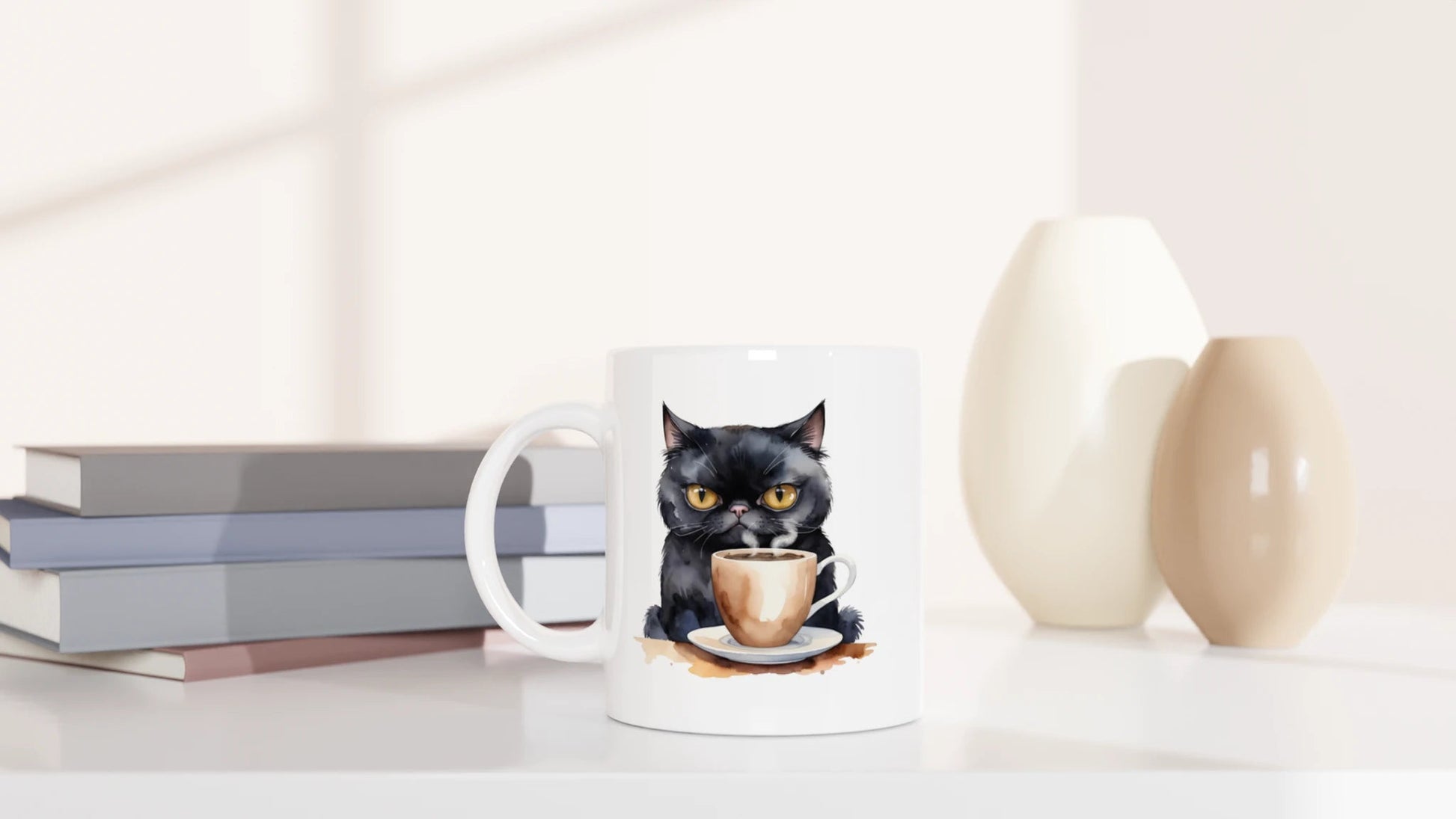Tasse 325ml - Schwarze Katze mit Kaffee - Katze & Kaffee