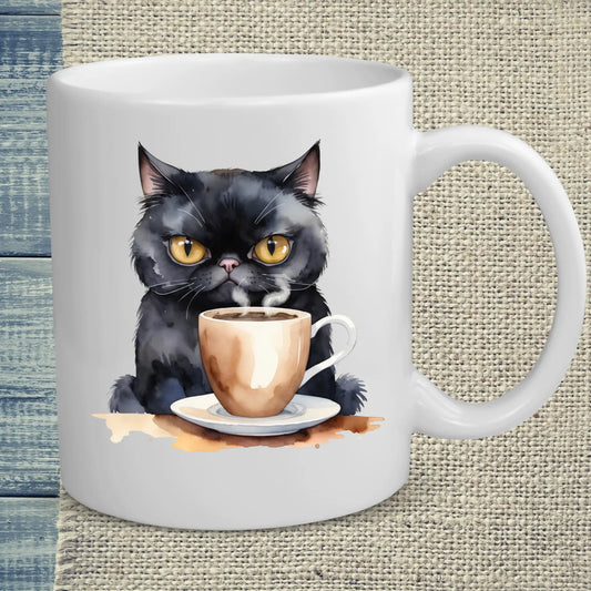 Tasse 325ml - Schwarze Katze mit Kaffee - Katze & Kaffee