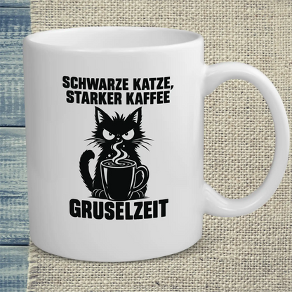 Tasse 325ml - Schwarze Katze, starker Kaffee, Gruselzeit - Katze & Kaffee, Halloween